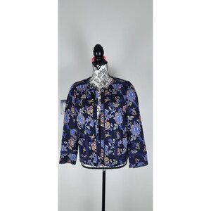 LOFT Womens Blazer Navy floral cotton blend  Size 10 Eyelet Crochet Trim Open